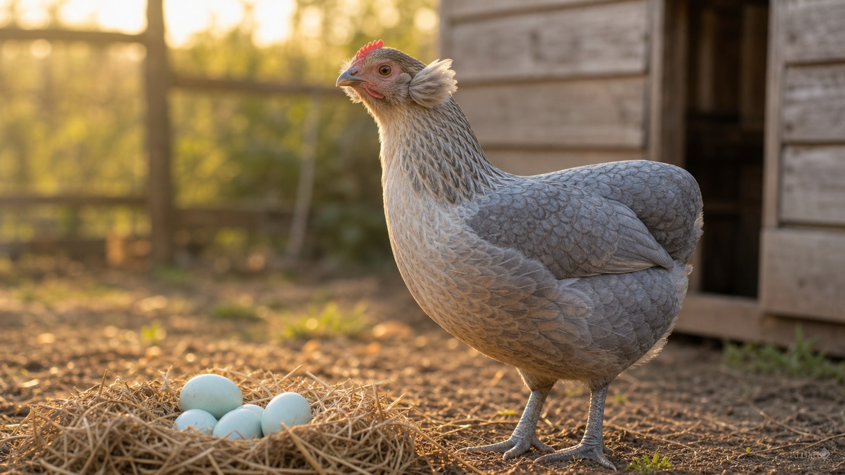 Araucana hen with blue eggs in a small flock
