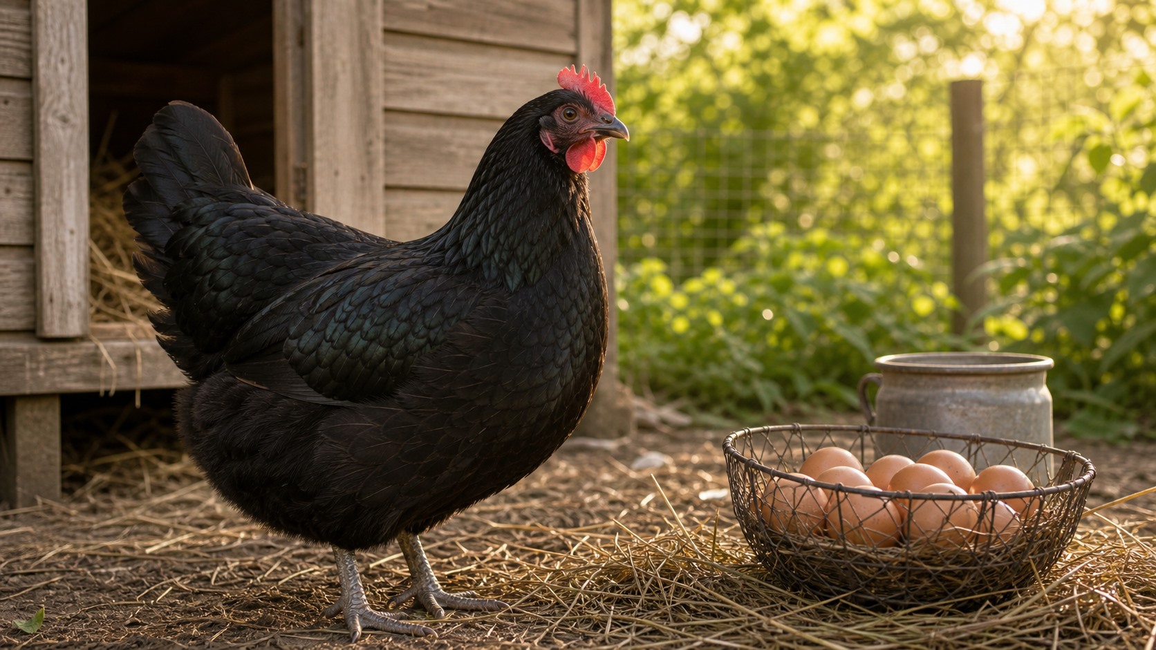 Black Australorp hen near a coop and basket of eggs