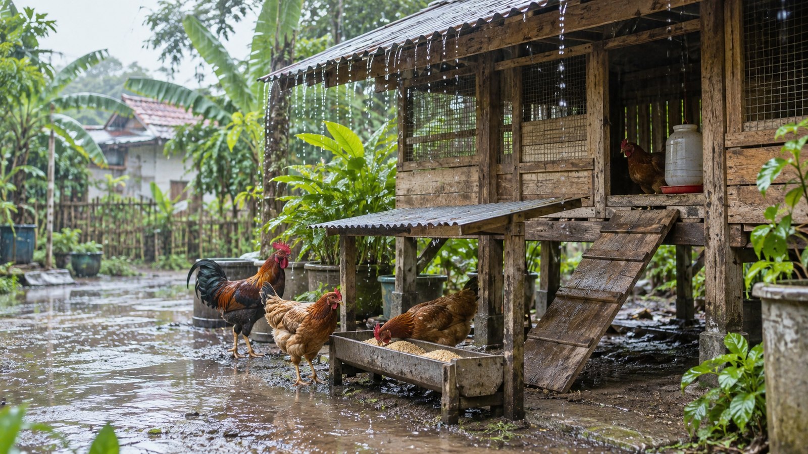 Ayam lokal di dekat kandang panggung yang kering setelah hujan tropis