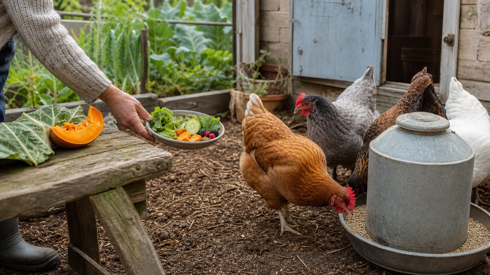 Healthy backyard hens eating complete feed beside a small bowl of fresh garden vegetables
