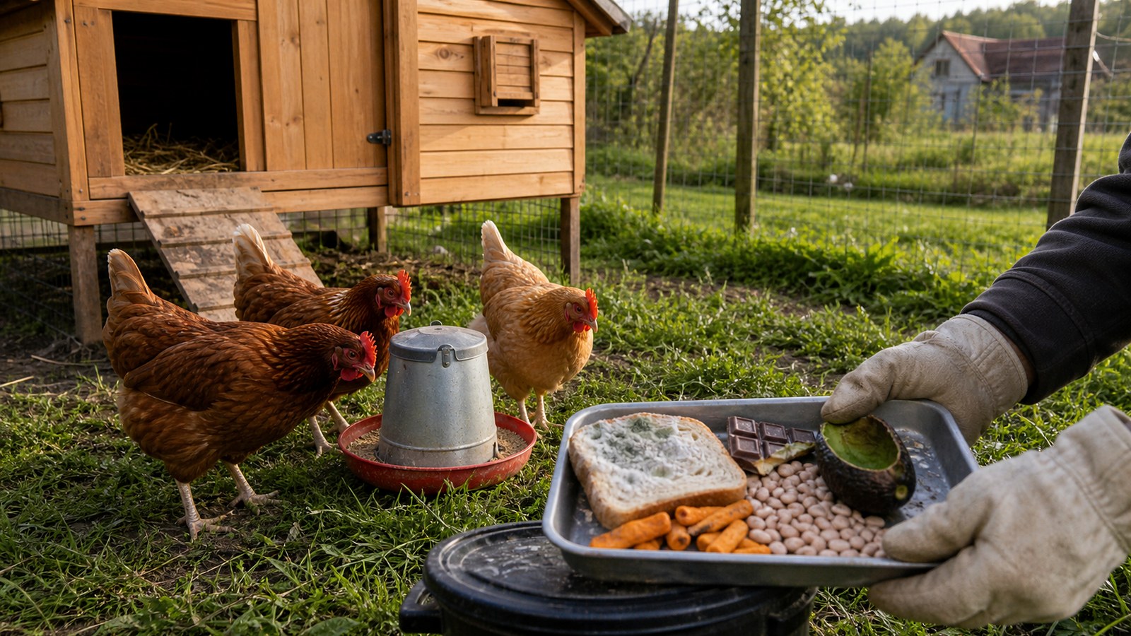 Chicken keeper moving mouldy bread, chocolate, avocado and salty snacks away from hens standing beside a proper feeder