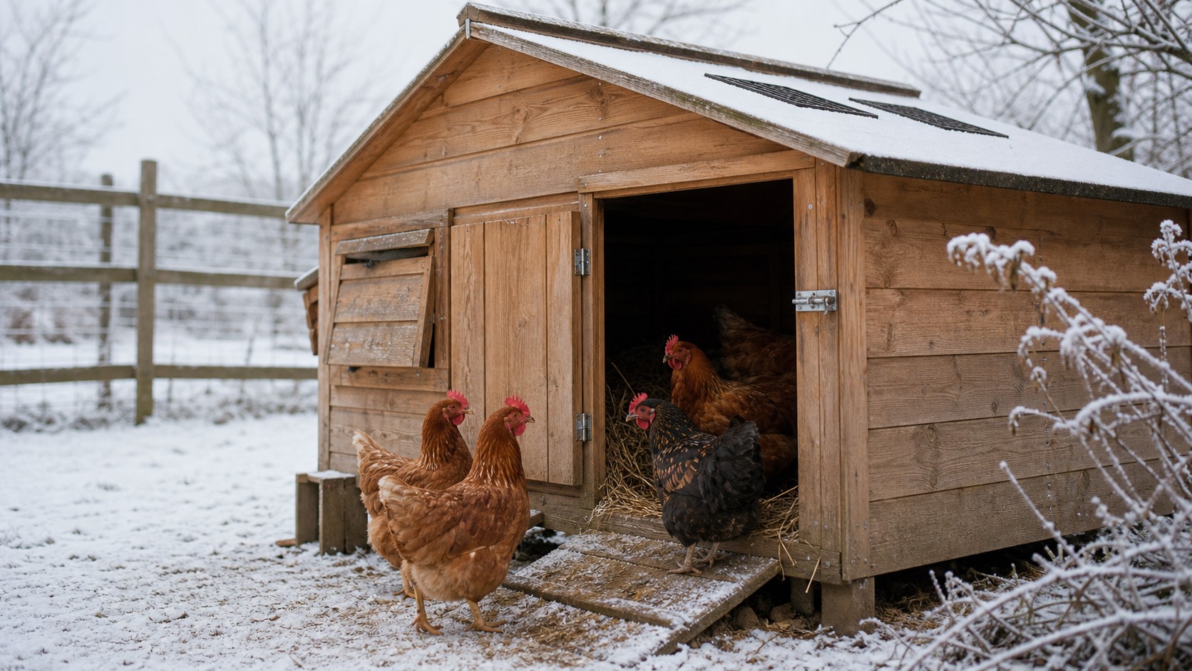 Wooden coop in winter with hens outside