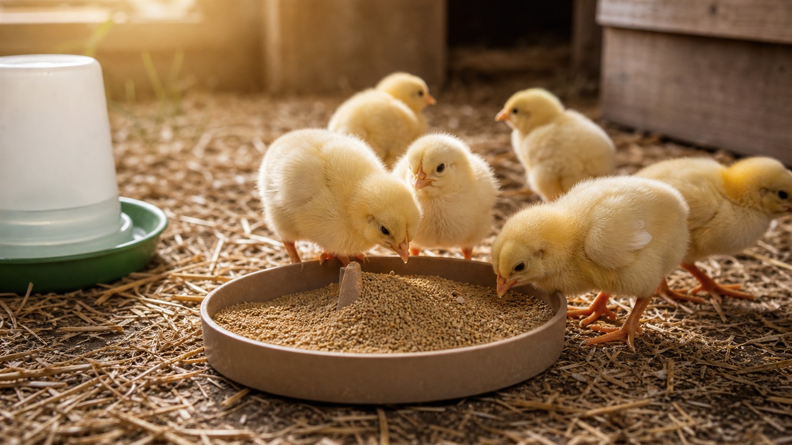 Day-old chicks with starter feed and water