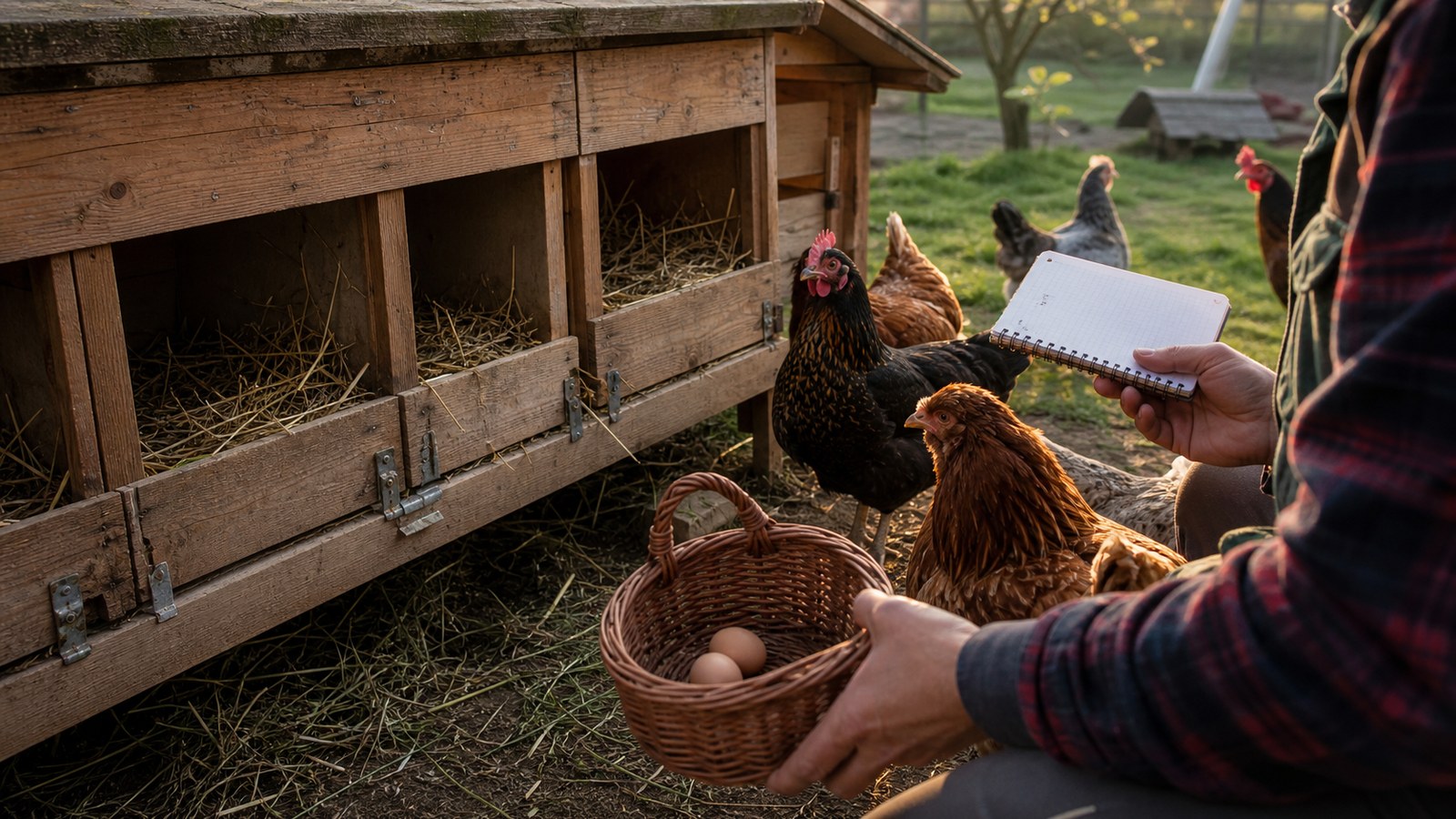 A backyard keeper checking nest boxes with a small egg basket and hens near a wooden coop