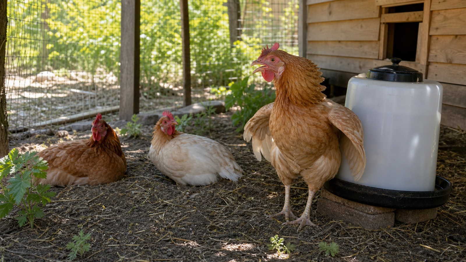 Panting hen with a slightly open beak beside a shaded drinker on a hot day