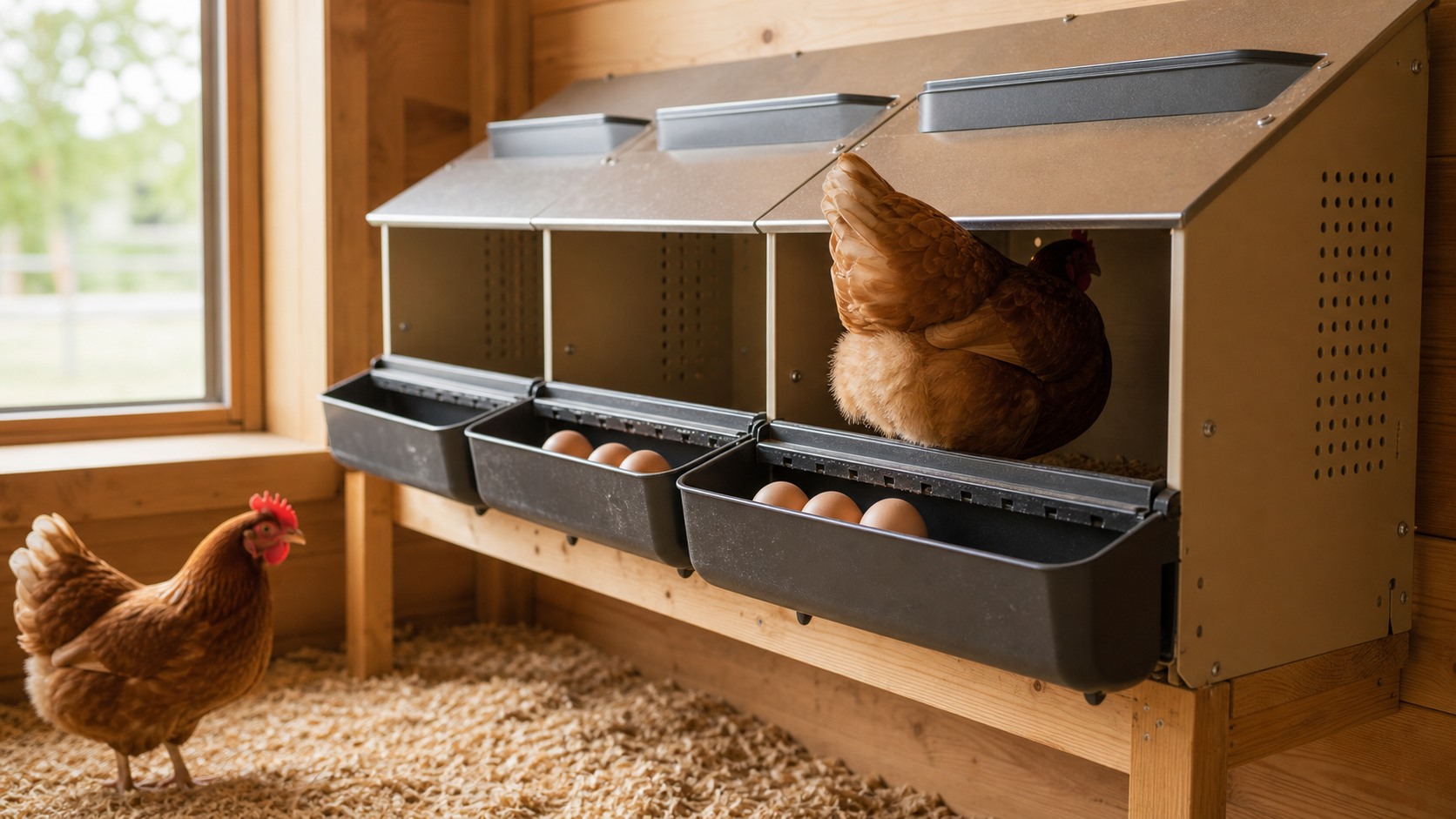 Hen using a raised roll-away nest box in a coop