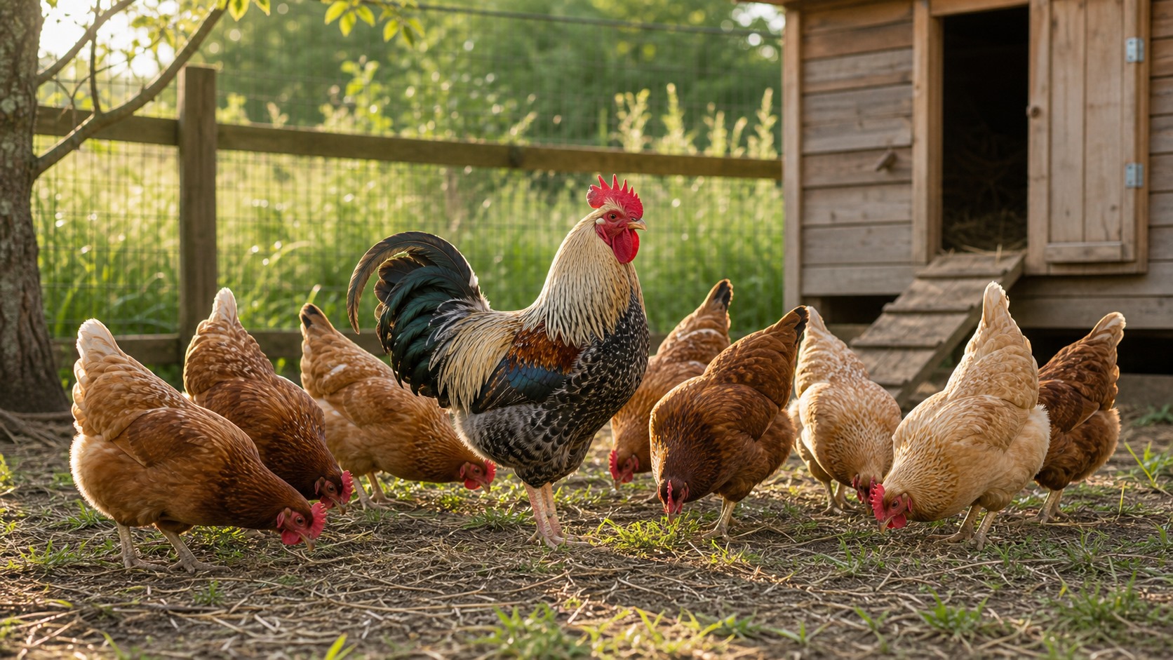 A rooster standing among hens in a small backyard flock near a wooden coop