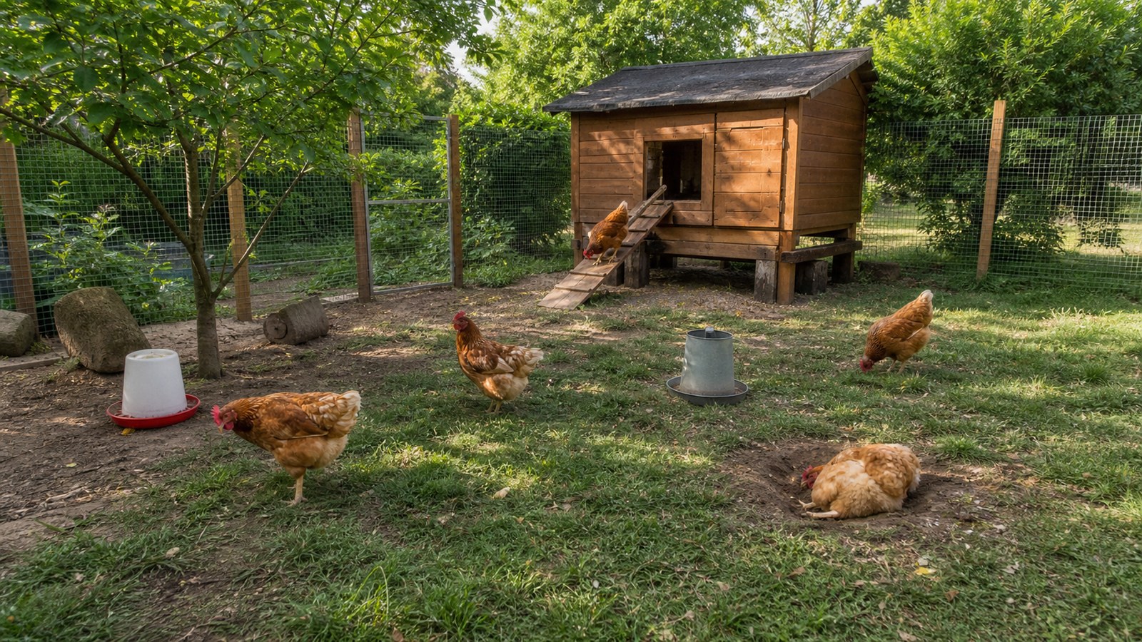 Six healthy hens spread naturally through a spacious secure run beside a wooden backyard coop