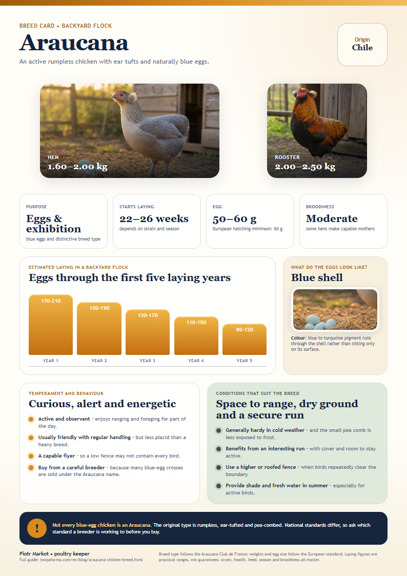 Printable Araucana breed card – rumpless araucana hen beside blue eggs