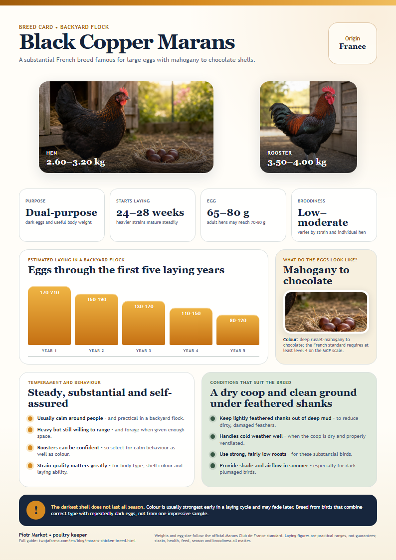 Printable Black Copper Marans breed card – black copper marans hen beside dark eggs