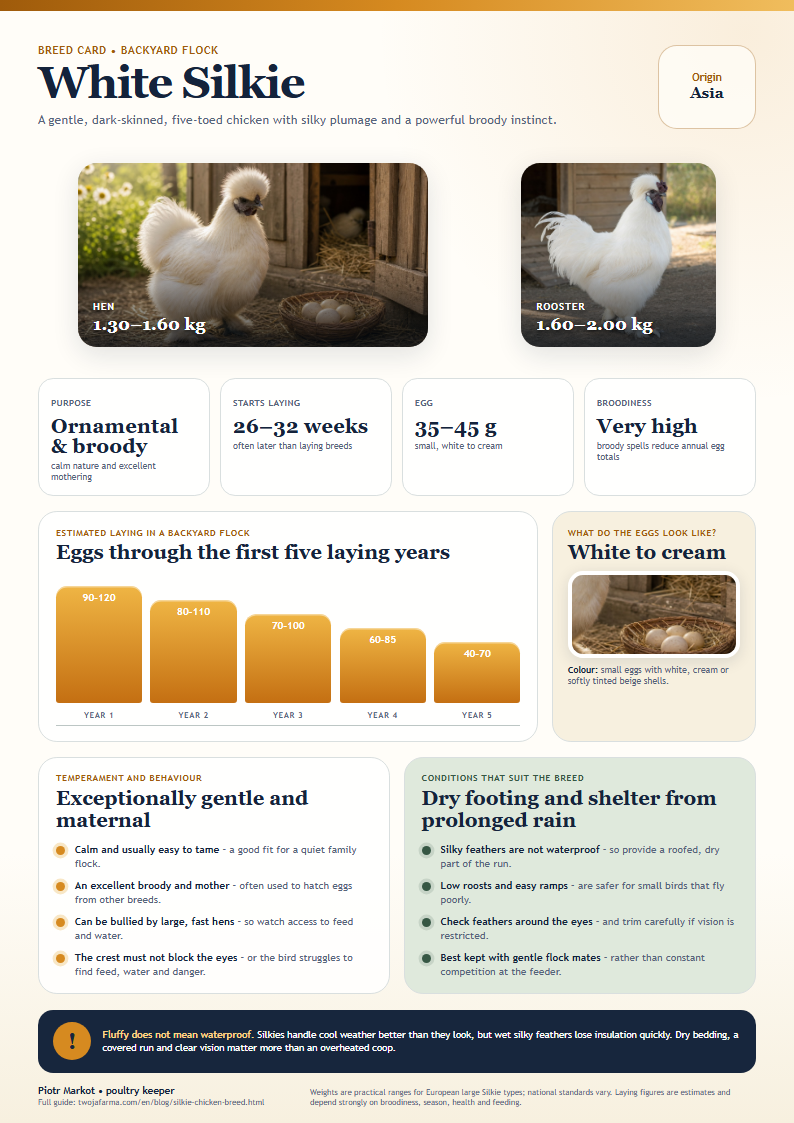 Printable White Silkie breed card – white silkie hen beside small cream eggs