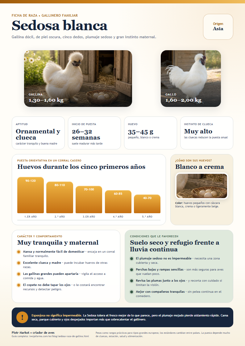 Ficha A4 de la Sedosa blanca para imprimir – gallina sedosa blanca junto a pequeños huevos crema