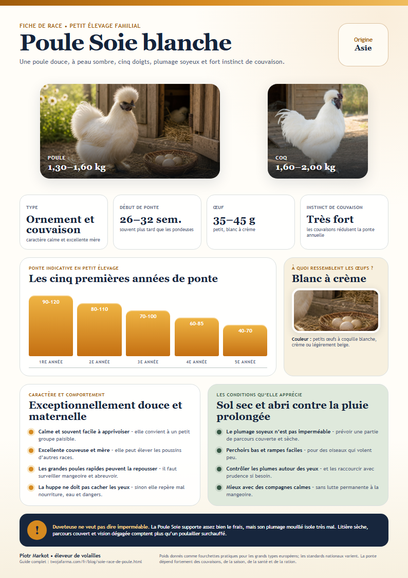Fiche A4 de la Poule Soie blanche à imprimer – poule soie blanche près de petits œufs crème