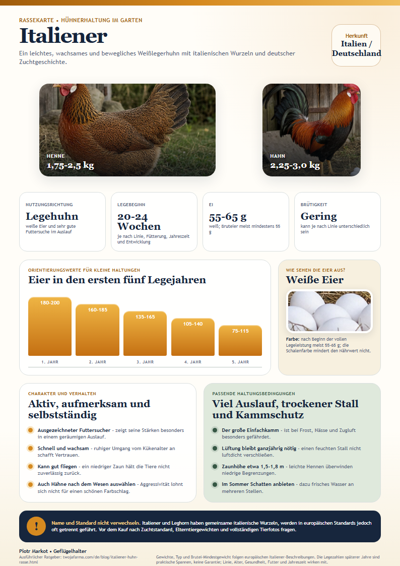 Italiener-Rassekarte zum Ausdrucken - Rebhuhnfarbige Italienerhenne und Italienerhahn neben weißen Eiern