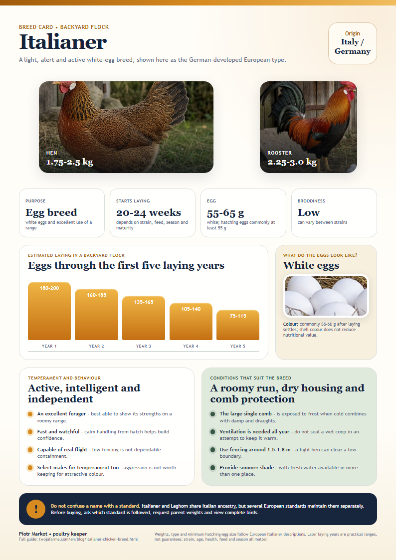 Printable Italianer breed card - Partridge German-type Italianer hen and rooster beside white eggs