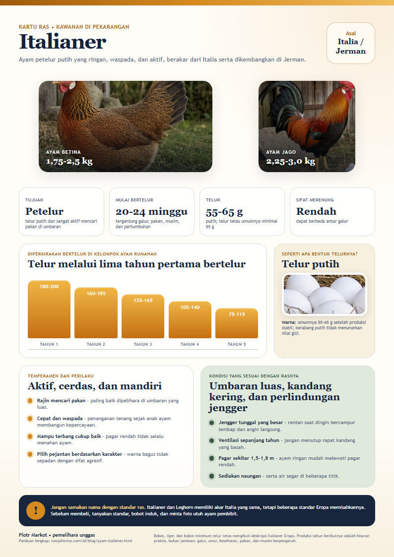 Italianer - kartu ras A4 untuk dicetak - Induk betina dan jantan Italianer warna partridge di dekat telur putih