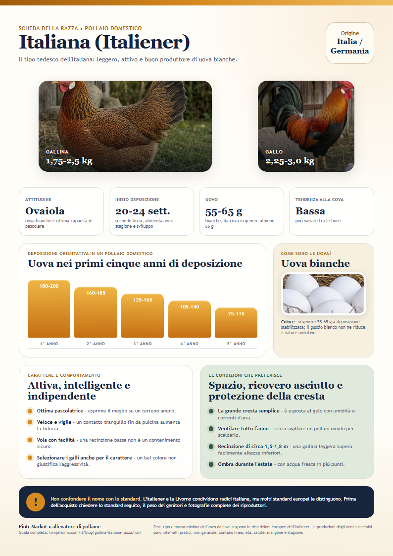 Scheda A4 dell'Italiana da stampare - Gallina e gallo Italiani di tipo tedesco nella colorazione perniciata con uova bianche