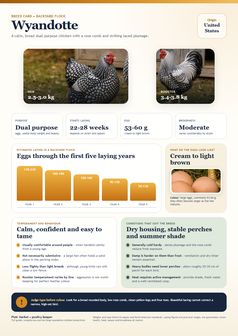 Printable Wyandotte breed card - Silver Laced Wyandotte hen and rooster beside light brown eggs