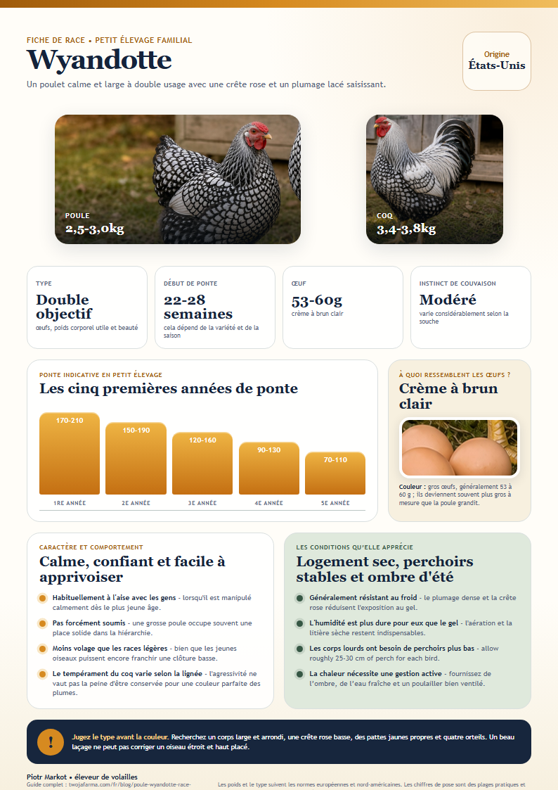 Fiche A4 de la Wyandotte à imprimer - Poule et coq Wyandotte argentés à liseré noir près d'œufs brun clair