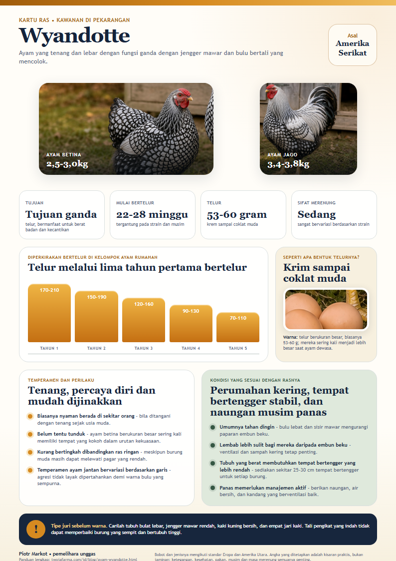 Wyandotte - kartu ras A4 untuk dicetak - Induk betina dan jantan Silver Laced Wyandotte di dekat telur cokelat muda