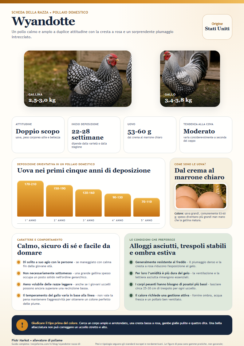 Scheda A4 della Wyandotte da stampare - Gallina e gallo Wyandotte argentati orlati accanto a uova marrone chiaro