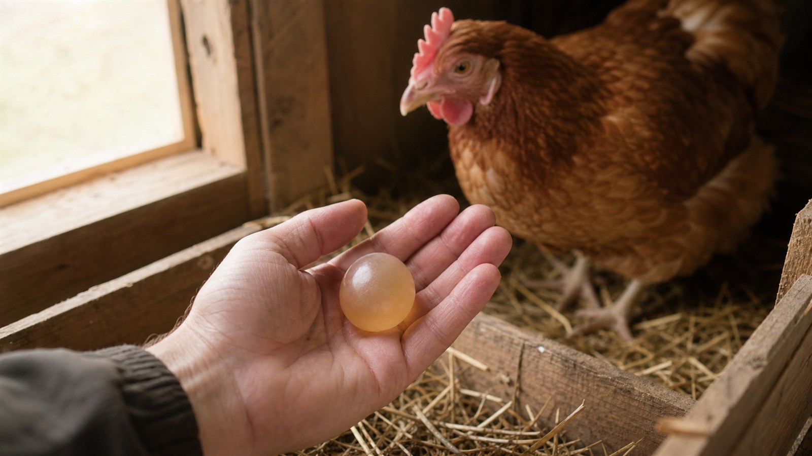 A backyard chicken keeper holding a soft shell-less egg beside a clean wooden nest box