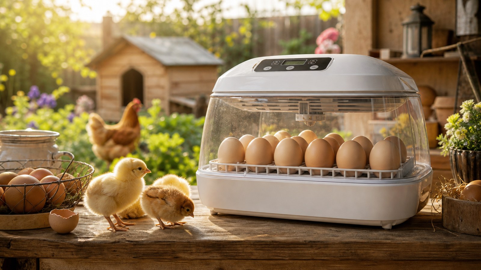 Chicken egg incubation setup on a small table