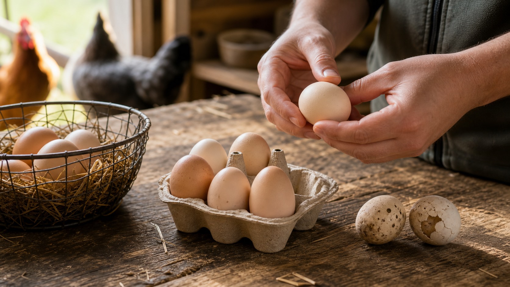 Selecting eggs for incubation on a wooden table