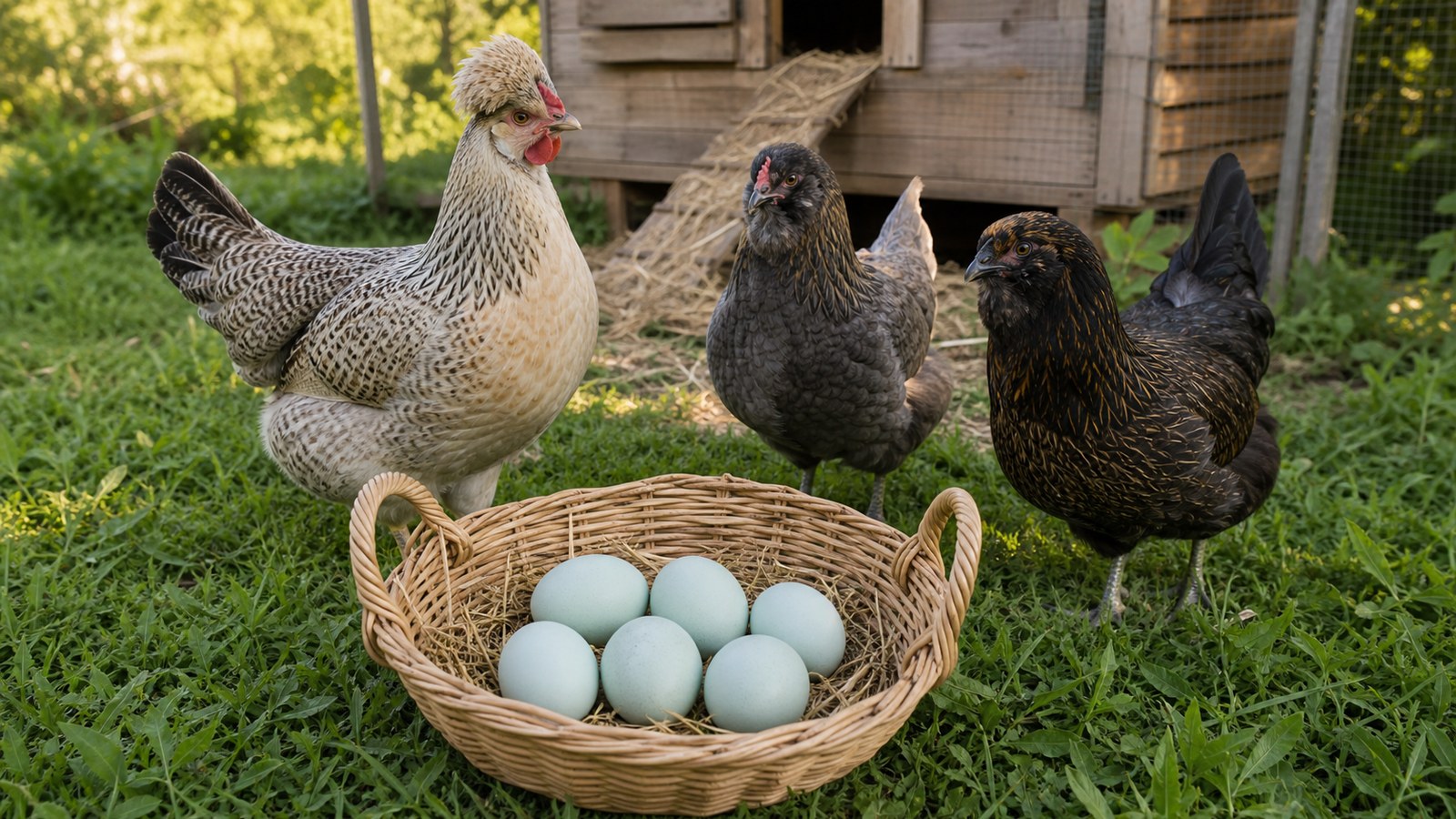 Basket of six naturally pale blue chicken eggs in front of three hens in a backyard run