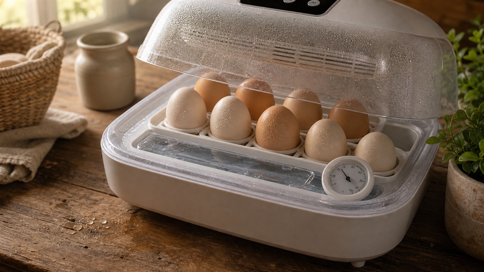 Incubator with eggs and visible humidity during hatching