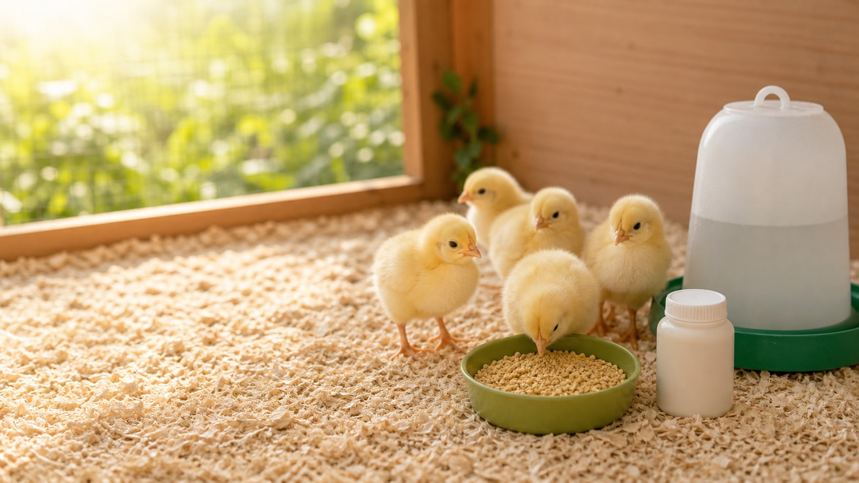 Chicks with starter feed and water supplement in a brooder
