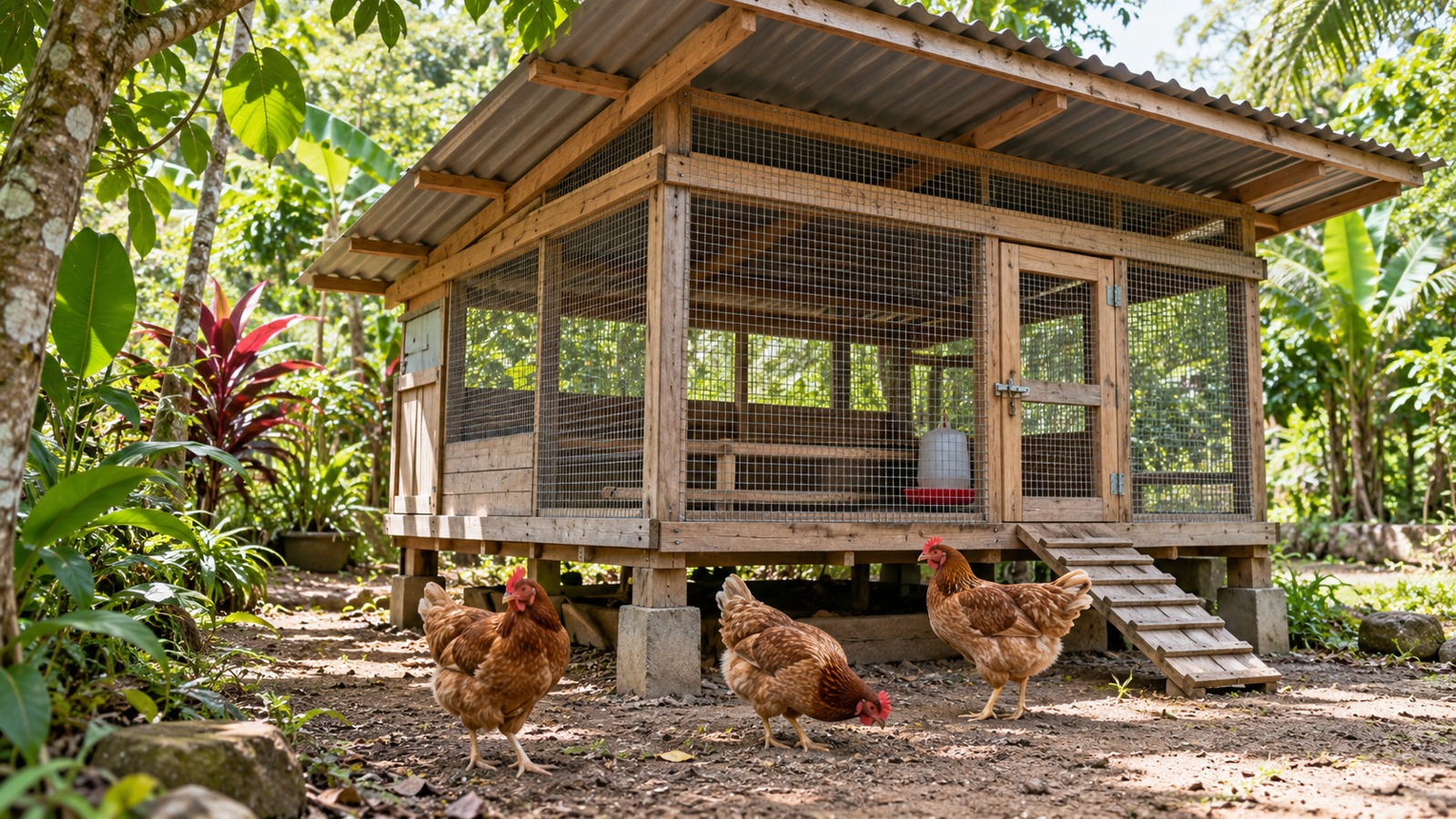 Ilustrasi kandang kayu teduh dengan sisi kawat, atap berteritisan dan ayam di area kering