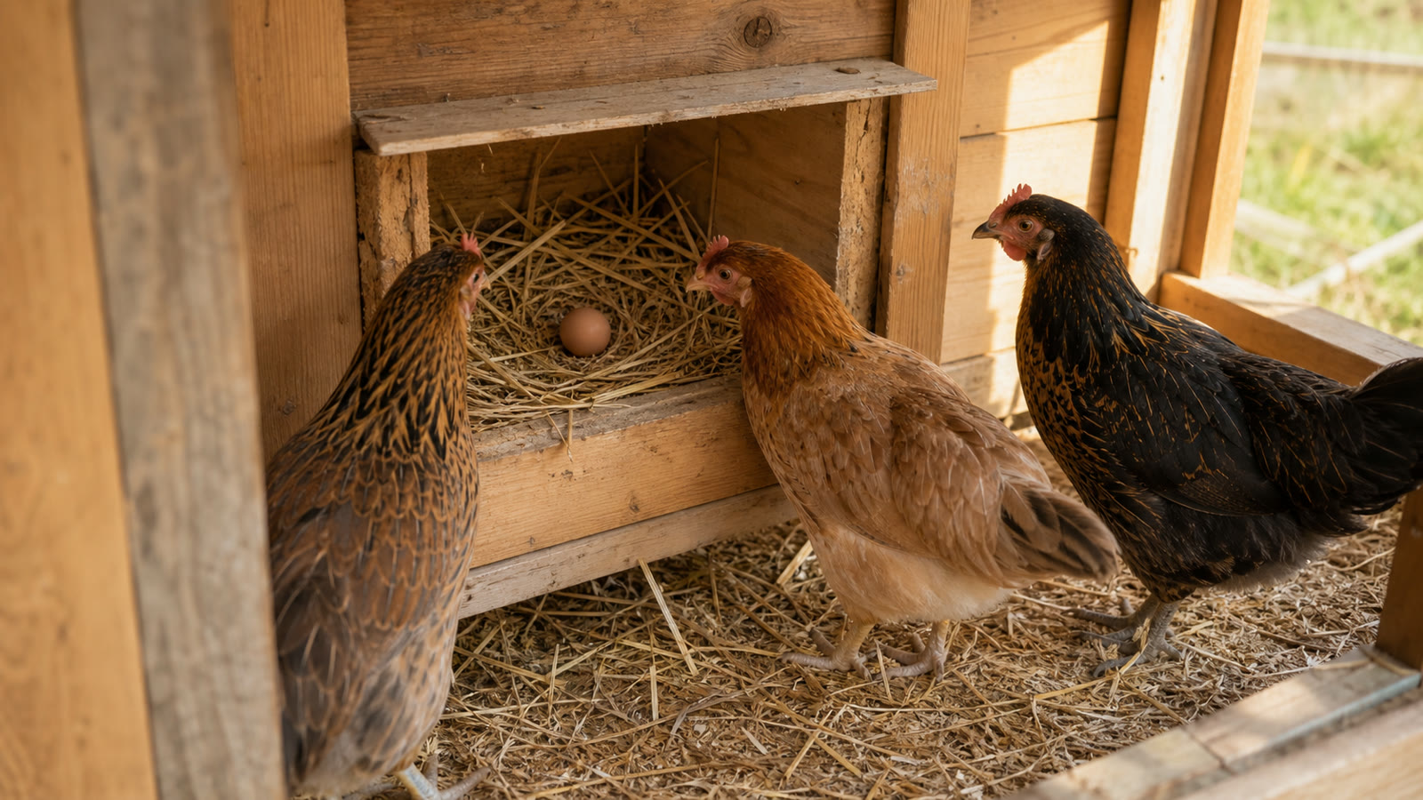 Three young hens beside a wooden nest box containing their first egg in clean straw
