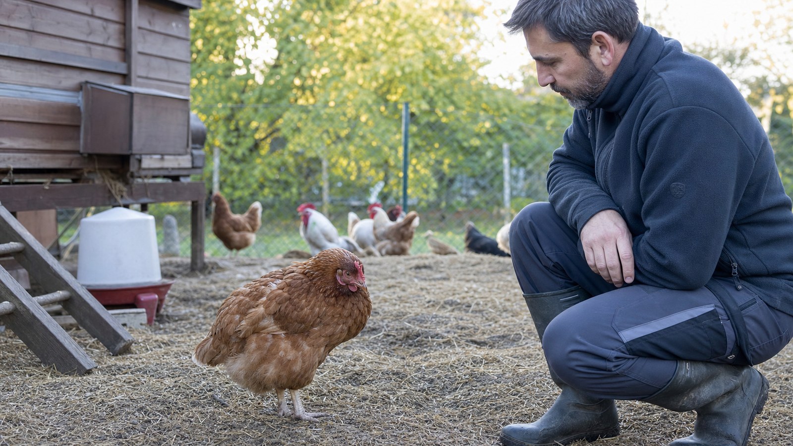 A lethargic brown laying hen with fluffed feathers being calmly observed by a backyard poultry keeper