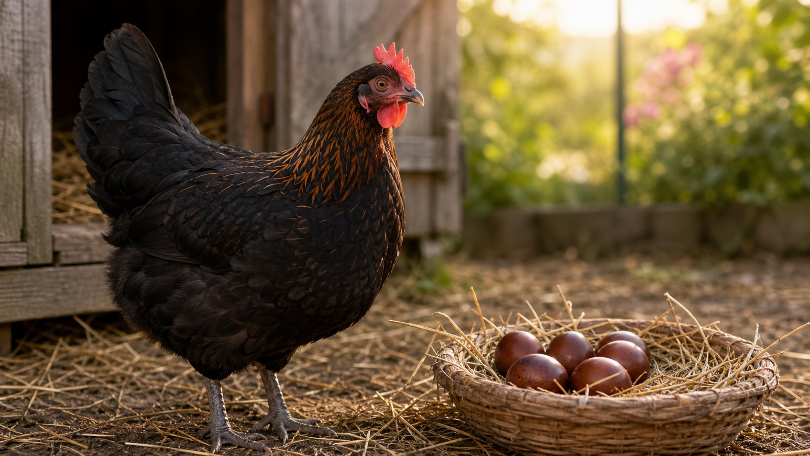 Black copper Marans hen beside dark brown eggs