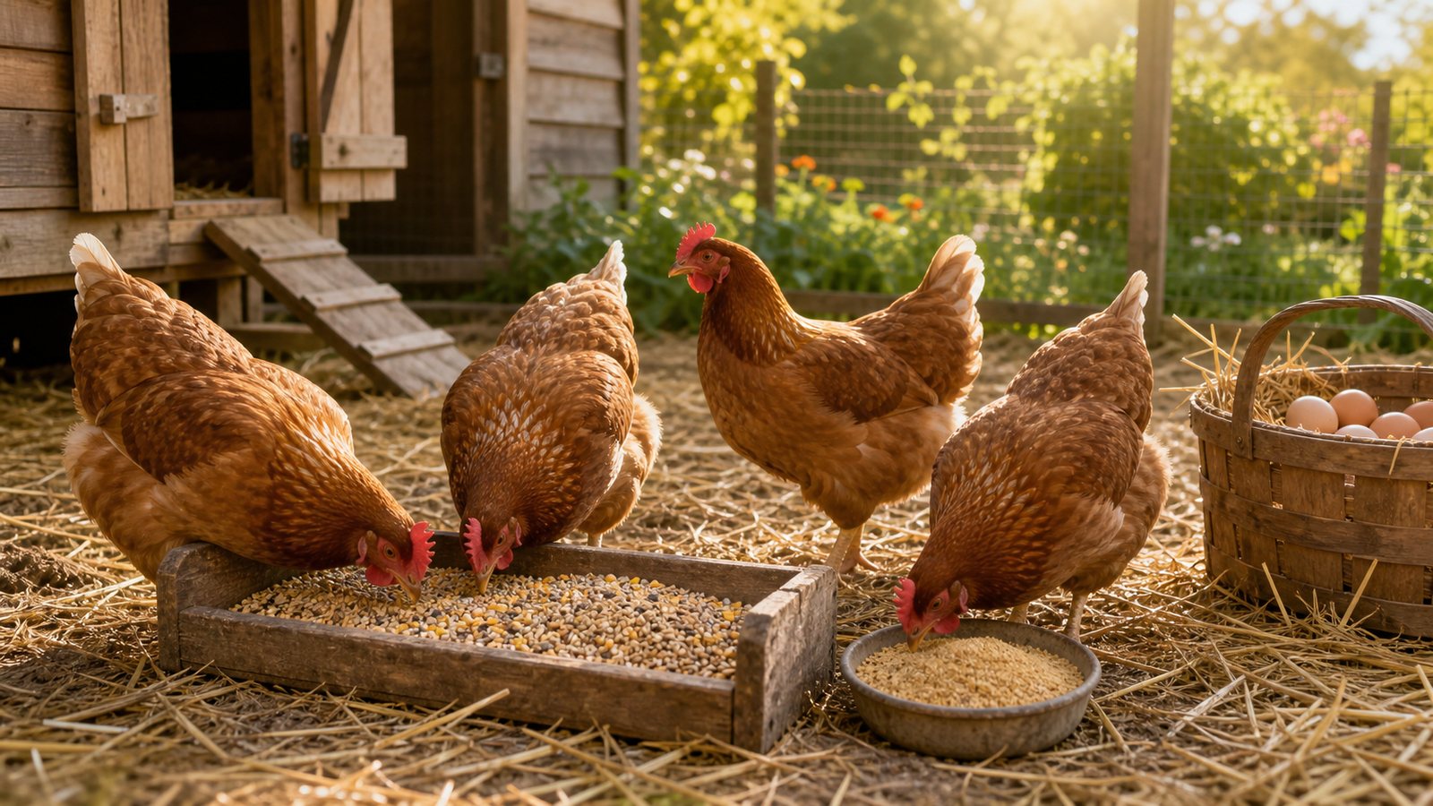 Laying hens near feed and a basket of eggs