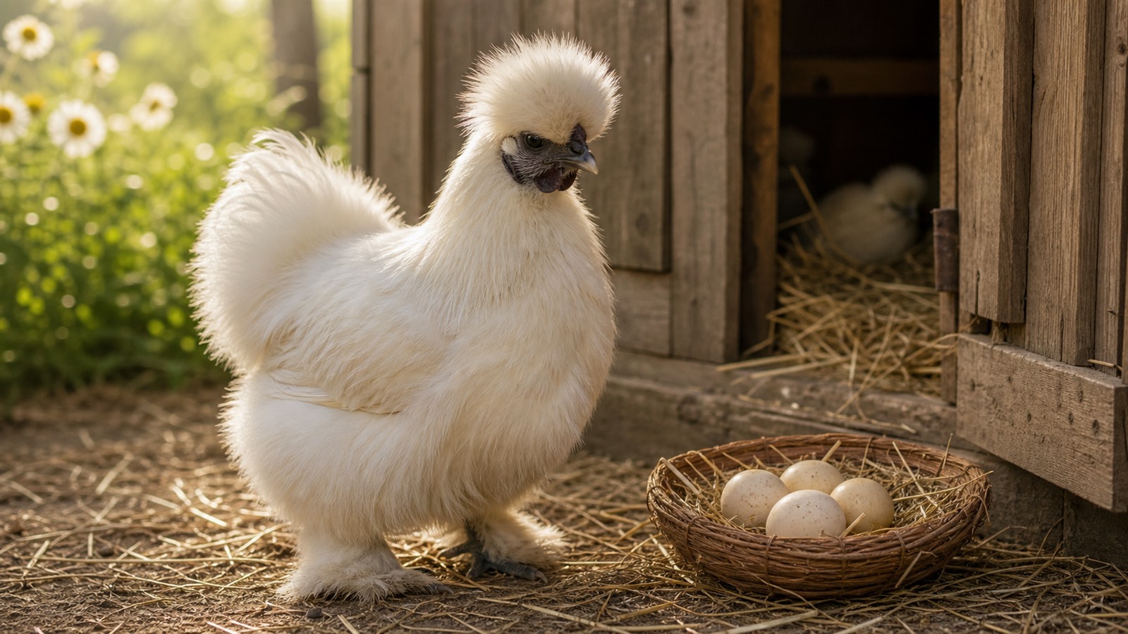 White Silkie hen near a coop and pale eggs