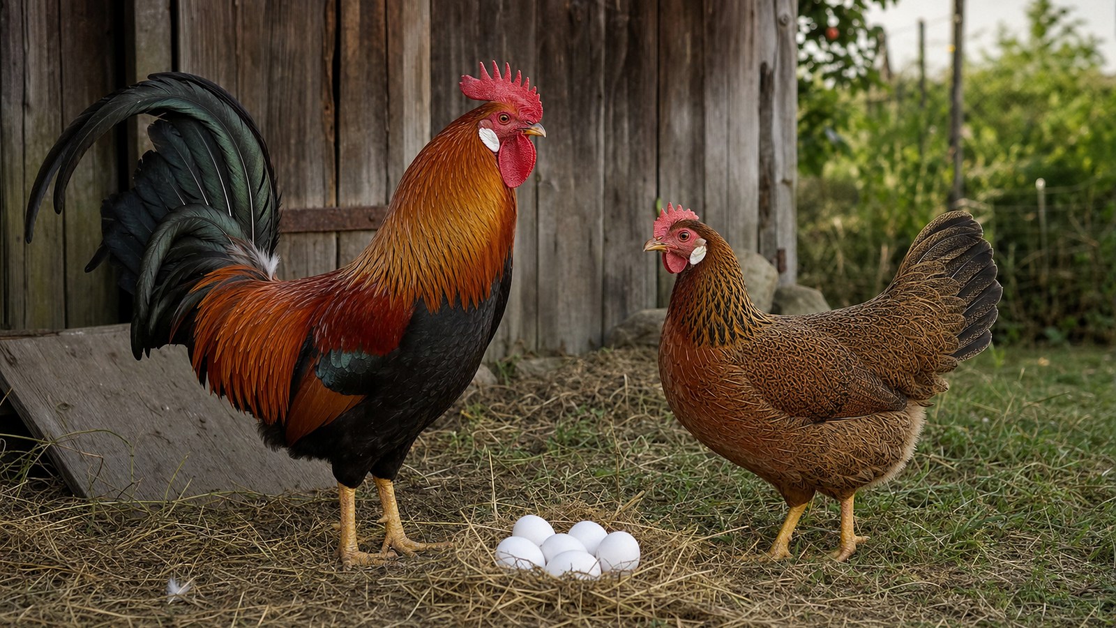 Partridge German-type Italianer hen and rooster beside white eggs