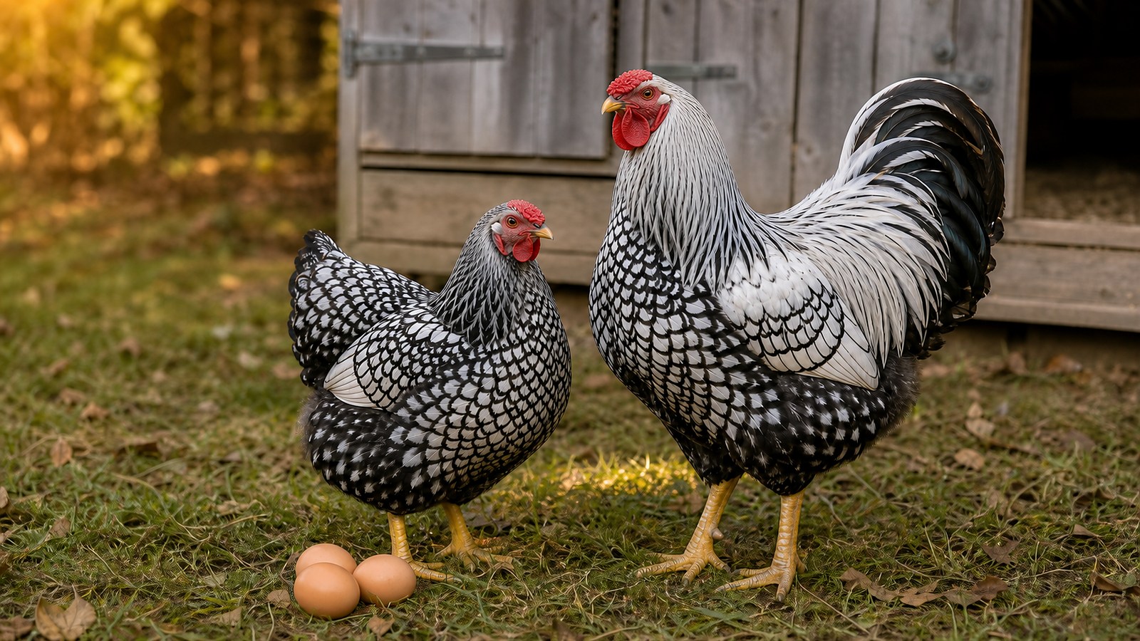 Silver Laced Wyandotte hen and rooster beside light brown eggs