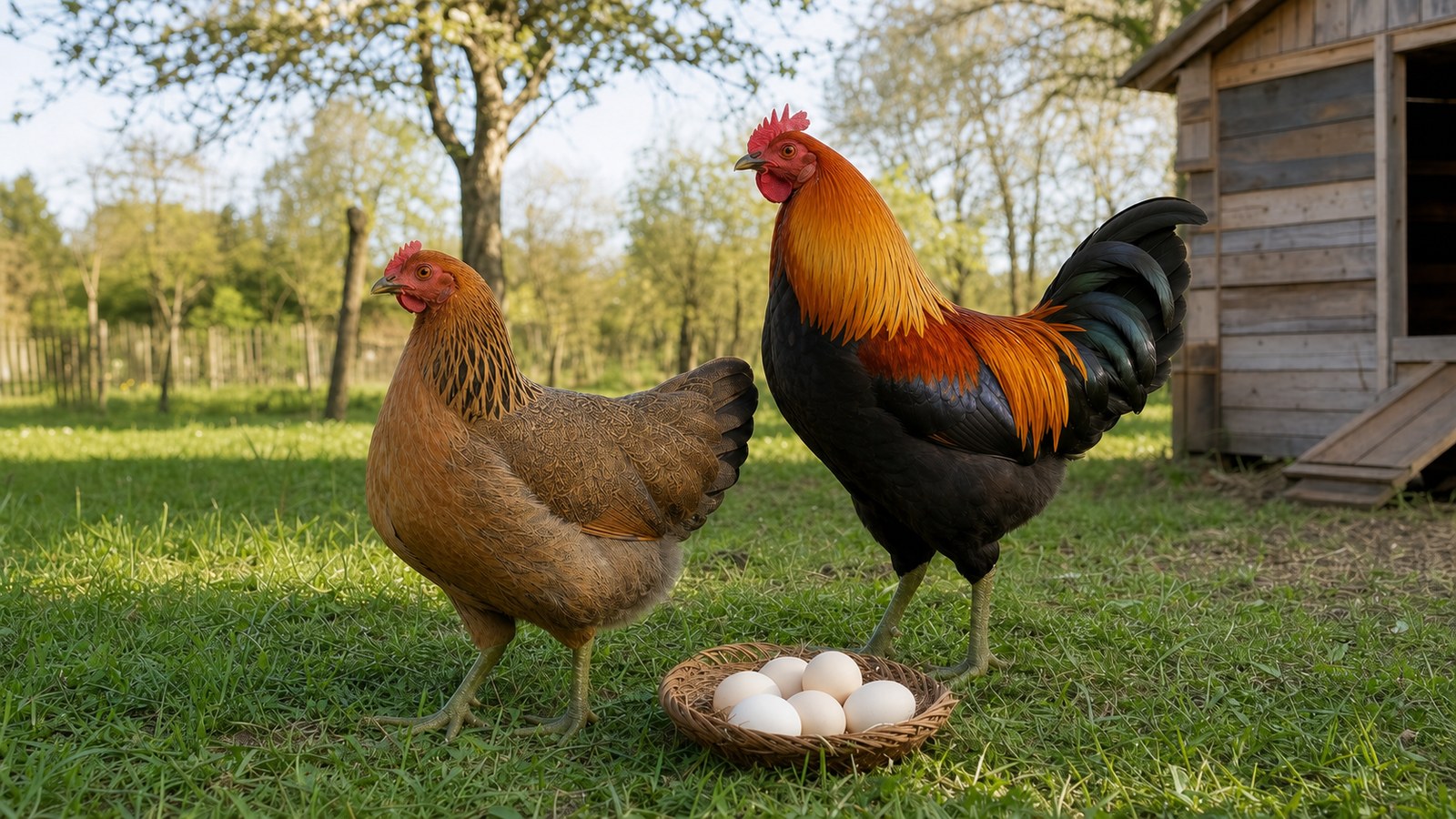 Green-legged Partridge hen and rooster showing olive-green legs beside cream eggs